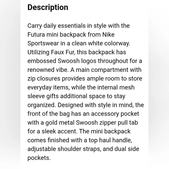 Nike Sportswear Futura Faux Fur White Mini Backpack. NWT. - Picture 6 of 13
